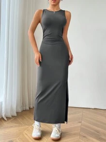 SHEIN EZwear 女士純色無袖修身連衣裙，帶褶皺和側開叉設計 - 灰色 - 查看 4