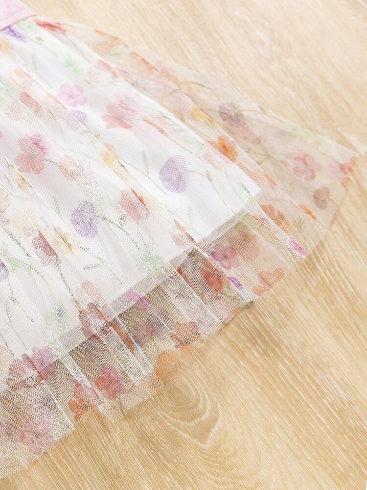 Baby Girl 2pcs/Set Gradient Pink Washed Denim & Flower Mesh Suspender Dress And Stylish T-Shirt Spring/Summer Outfits