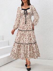 SHEIN Clasi Women's Fashionable Elegant Floral Print Long Sleeve Dress (Random Floral Pattern)