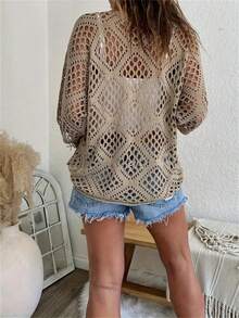 Áo len tay cánh dơi khoét lỗ hình kim cương cổ chữ V mùa xuân/hè cỡ lớn cho nữ - Màu Khaki - Xem 2