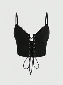 ROMWE PUNK Áo hai dây buộc hàng ngày tối giản màu trơn dành cho nữ - màu đen - Xem 1