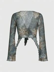 ROMWE PUNK Sun & Moon Print Tie Front Lettuce Trim Mesh Top - Multicolor - View 2