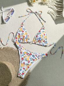 SHEIN Swim Summer Ditsy Floral Metal Ring Halter Neck Bikini Set - Multicolor - View 3