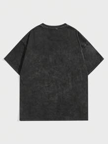 ROMWE MEN Street Life 男士 Snow Wash 复古星星与字母图案落肩 T 恤，学校 - 黑色 - 查看 2