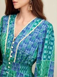 Anewsta沙灘風格接接花印花蕾絲邊燈籠袖集褶束腰v領裙 - 綠色 - 查看 6