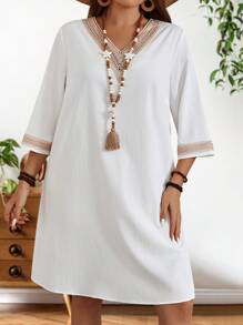 EMERY ROSE Vestido Recto Blanco Con Encaje Y Parches De Estilo Veraniego Para Mujeres De Talla Grande En Vacaciones