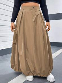 Flirla 加大號數按鈕裝飾口袋實用裙,鬱金香邊緣 - 卡其色 - 查看 4