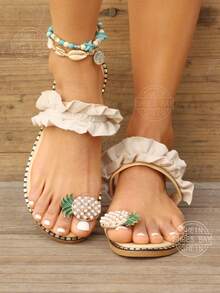 米色橡膠底防滑女士平底涼鞋,配菠蘿形扣環、腳趾扣和腳踝帶,展現春夏新裝扮 - 米色 - 查看 8