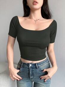 DAZY Áo crop top tay ngắn hở vai màu trơn thiết kế hở vai cho nữ mùa hè - xanh quân đội - Xem 3