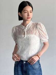 FRIFUL 女式纯色蕾丝短袖夏季透明衬衫 - 白色 - 查看 7