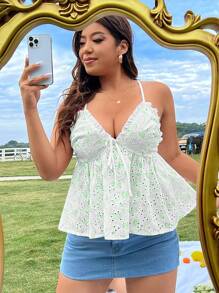 Flirla Cộng với kích thước áo yếm có in hình thêu dễ thương Ruffle Hem Criss-Cross - màu xanh lá - Xem 4