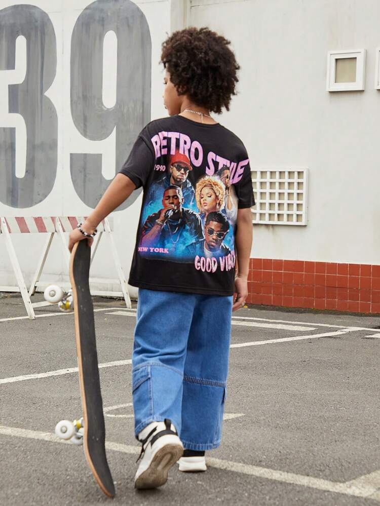 Tween Boy's Vintage Street Cool Printed Oversized Black Short Sleeve T-Shirt & Vintage Street Cool Multi-Pocket Loose Capri Denim Pants