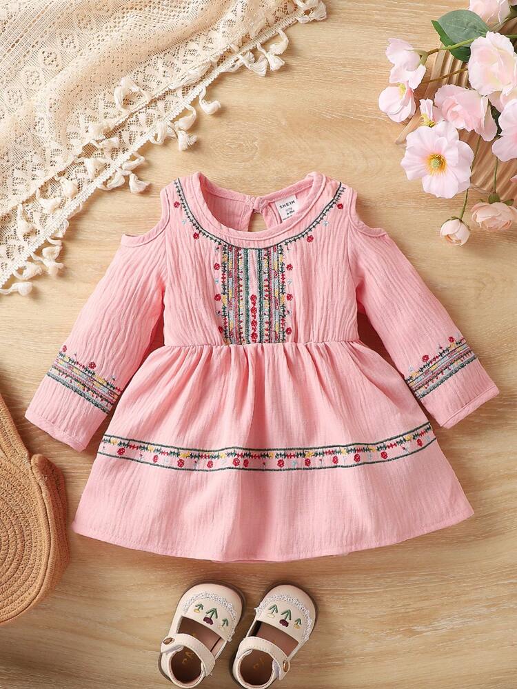 Baby Girl Open Shoulder Long Sleeve Dress With Embroidered Accents