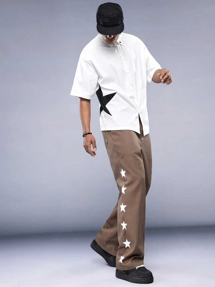 Men's Woven Pentagram Print Wide-Legged Casual Pants