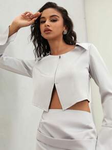 Anewsta 女性春夏季拉鍊設計長袖上衣和裙子套裝 - 銀色 - 查看 5