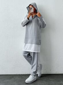 EURMUSE Women's Simple Solid Color Long Sleeve Sweatshirt And Long Pants Set - Light Grey - View 5