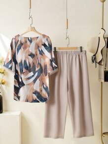 EMERY ROSE 大尺碼女士夏季植物印花v領短袖上衣和褲子套裝,適合休閒寬鬆穿著 - 彩色 - 查看 2