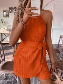 Breezaya 女士夏季純色腰帶連身褲 - 橘色 - 查看 5