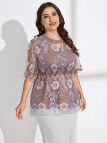 EMERY ROSE 大碼夏季上衣,具有花卉刺繡和鑲嵌鑰孔領口 - 綠色 - 查看 4