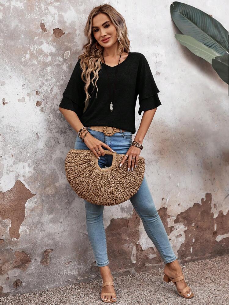 Women's Double Layer Ruffled Hem Short Sleeve T-Shirt