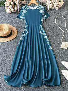 SHEIN Lady 女式波西米亞植物印花拼布連身裙 - 彩色 - 查看 9