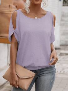 SHEIN LUNE Women's Summer Solid Color Round Neck Cold Shoulder Short Sleeve Casual T-Shirt