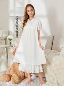 Tween Girl Simple And Elegant Plain Bubble Sleeve Sleep Dress With Ruffle Hem And Decorative Edge - White - View 5