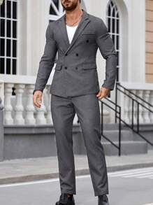 Manfinity Mode Men'S Double-Breasted Suit Set With Lapel Collar - Dark Grey - View 3