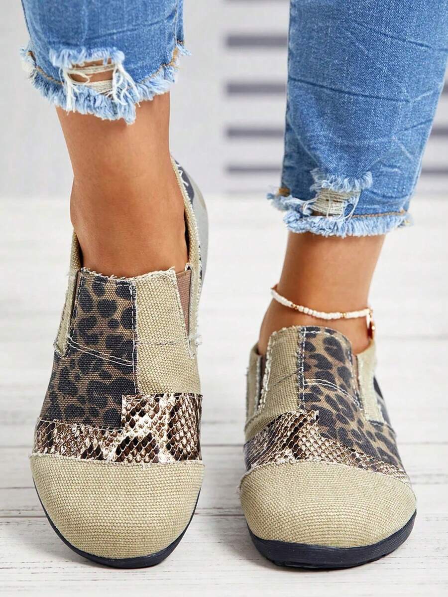 Women's Flat Casual Shoes With Denim Patchwork - Multicolor - View 1