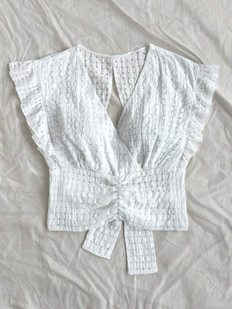Plus Size White Textured Flutter Sleeve Loose-Fit Shirt With Back Tie Detail For Casual & Vacation Beach Essentials Beach Women Best Sellers Babydoll Top Blouse Going Out Clothes Babydoll Summer Shirts Summer Fits Cute V-Neck Textured Gathered Pleated Shirt