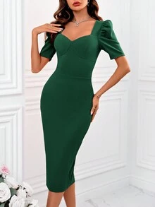 SHEIN Clasi Vestido Casual De Verano Para Mujer Con Cuello De Corazón Y Ajustado En El Cuerpo Y Con Paquete En Los Glúteos - Verde Oscuro - Ver 3