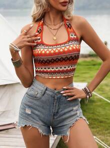 SHEIN VCAY 夏季幾何印花露背上衣裝,適合海灘假期 - 彩色 - 查看 1