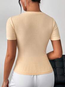 SHEIN Privé Women's Yellow Beaded Ribbon Scoop Design Summer Short T-Shirt - Yellow - View 2