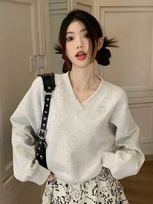 字母刺绣插肩袖套头衫，长袖上衣 - 灰色 - 查看 3