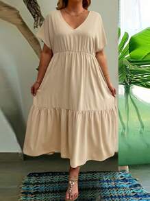 SHEIN Clasi Plus Size Women's Summer V-Neck Short Sleeve Ruffled Hem Long Dress - Apricot - View 4