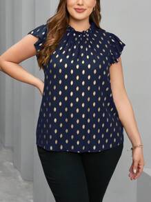 SHEIN Clasi Polka Dot Short Sleeve Shirt (Plus Size) - Blue and White - View 3