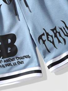 ROMWE MEN Street Life 男士口號印花籃球短褲，適合春夏日常穿著 - 藍色 - 查看 3