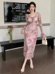 DAZY Đầm midi in hoa cổ buộc nơ phía trước phong cách ngày lễ mùa hè cho nữ Đầm dạ hội tay loe - Hồng - Xem 5