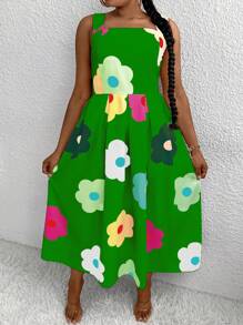 Maweii 夏季花卉印花大尺碼方領無袖連衣裙 - 彩色 - 查看 4