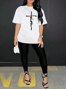 SHEIN Summer Casual Letter Printed Short Sleeve T-Shirt And Leggings - White - View 3