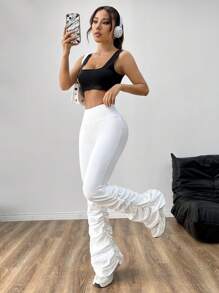 SHEIN EZwear White Sheer-Proof Shrinkage With Pleated Flare Pants For Spring And Summer - White - View 6