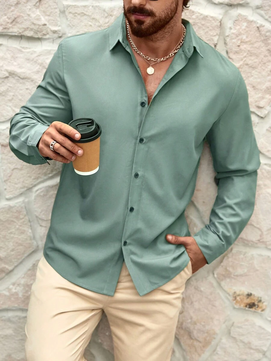 Manfinity Homme Men's Spring/Summer Casual Button-Down Long-Sleeved Shirt - Green - View 1
