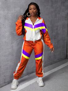 Slaydiva Women's Color-Blocked Jacket And Long Pants Athletic Tracksuit, Suitable For Spring - Orange - View 5