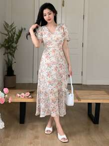 Dazy Designer Mùa hè giản dị Hoa In Cổ chữ V Váy bodycon - trái cam - Xem 2