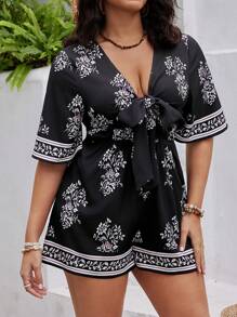 SHEIN VCAY Floral Printed Plus Size Jumpsuit With Bowknot On Front Chest - Multicolor - View 3