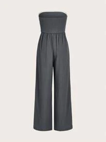 SHEIN EZwear 女士夏季純色百摺紋露肩寬腿連身褲 - 灰色 - 查看 2