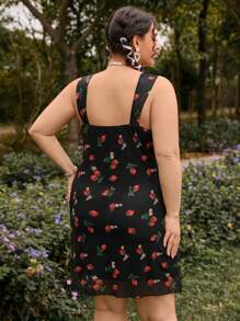 Dreamara 大尺碼透視網紗草莓印花肩帶a字裙,紅色缎带裝飾 - 彩色 - 查看 2