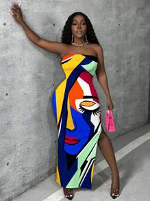Slaydiva Women's Summer Abstract Printed Bodycon Strapless Dress With Side Slit - Multicolor - View 4