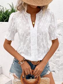 SHEIN LUNE Của phụ nữ Thêu hoa Cổ áo có khía Ngắn tay Áo sơ mi - trắng - Xem 1