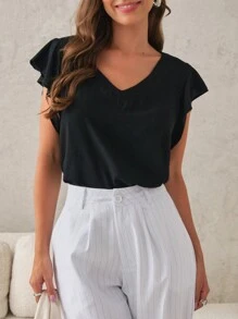 SHE(IN) BRASIL Solid Butterfly Sleeve V Neck Blouse - Black - View 3